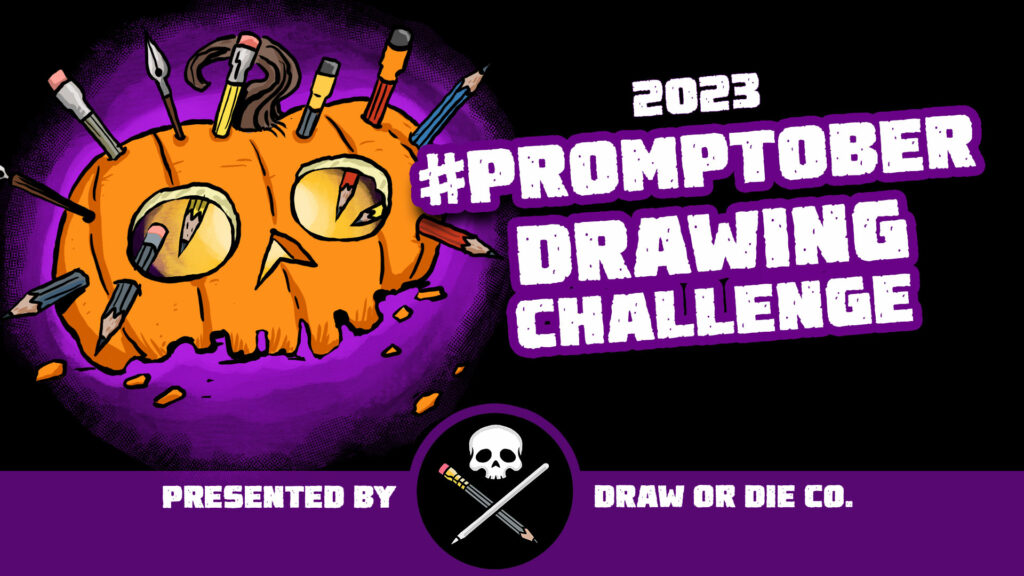 A graphic depicting a carved pumpkin that has been smashed with art tools like pencils and pens stuck in it. Words on the graphic say #Promptober 2023.